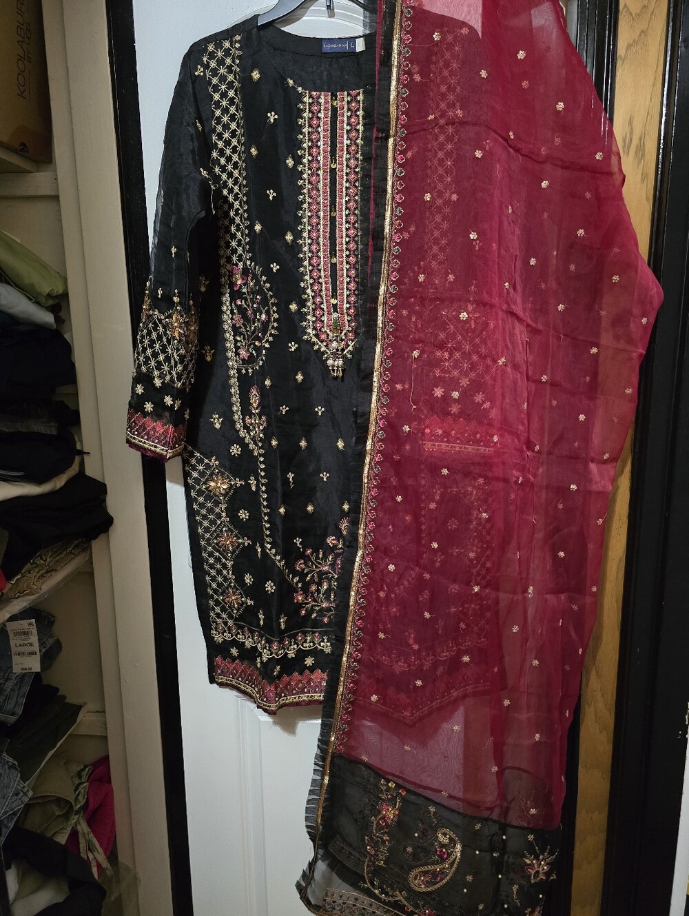 Sadabahar Women's Embroidered Black & Maroon Salwar Kameez W Pant & Dupatta